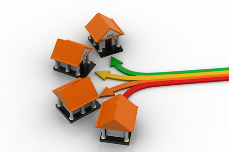 Bank building with arrows, different function through bankの写真素材