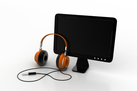 Computer monitor with head setの写真素材