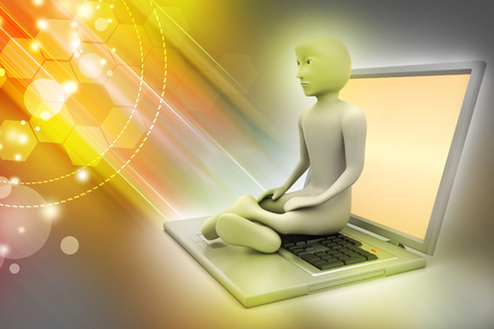 3d man in meditation with laptopの写真素材