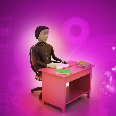 3d man  with books at table study  の写真素材