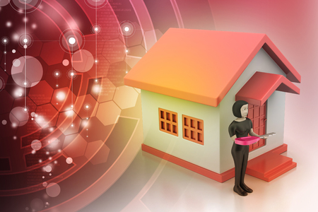 3d women with home and keyの写真素材