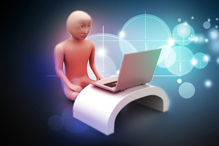3d man in meditation with laptopの写真素材