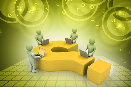 3d people with laptop and question mark   の写真素材