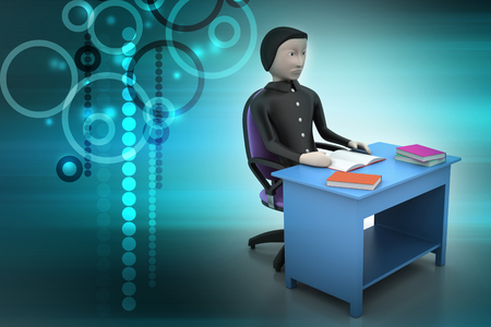 3d man  with books at table study  の写真素材