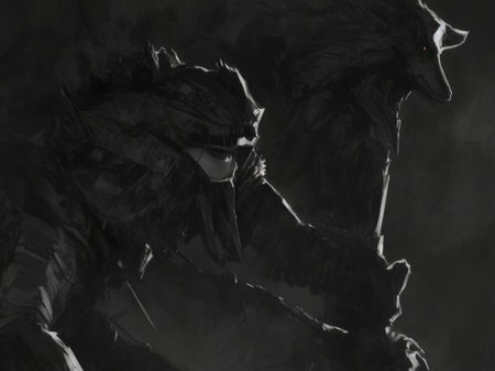 Black and white silhouette of a man in a black raincoat.の素材