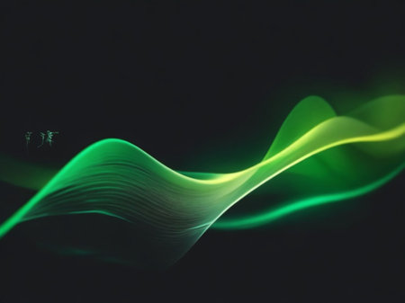 abstract background of green curves and wave on black background, concept of science and technologyの素材