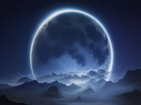 Fantasy landscape with full moon in the night sky. 3D renderingの素材
