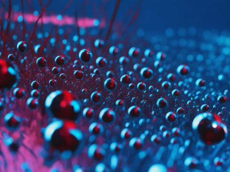 3d illustration of abstract background with blue and red spheres and bubbles.の素材
