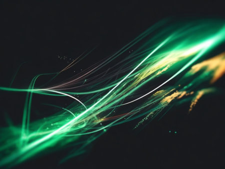 abstract green light lines on dark background, digitally generated image.の素材