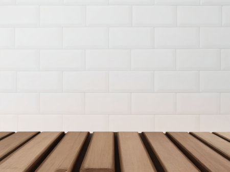 Empty wood table top on white tile wall background. For product displayの素材