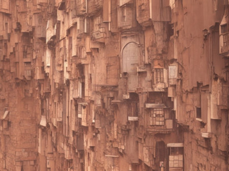 Old brick wall texture with many windows and balconies in the cityの素材