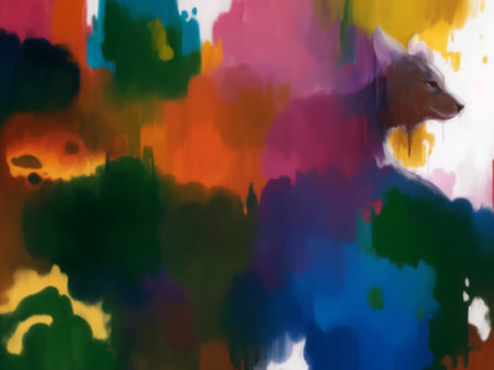 abstract watercolor background with a dog in the foreground, multicoloredの素材