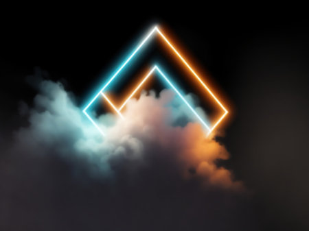 Neon triangle in the dark with clouds and sun. 3D renderingの素材