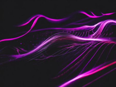 abstract background with purple and pink wavy lines on black backgroundの素材