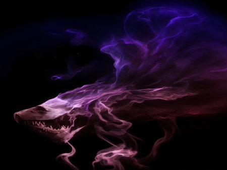 Dangerous teeth in smoke, isolated on black background. Halloween concept.の素材