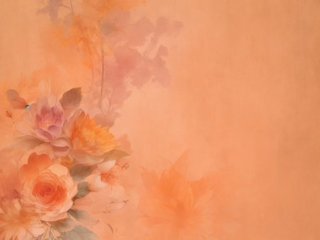 Watercolor painting of peony flowers on orange background, copy spaceの素材