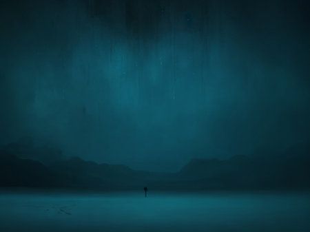 Mystical dark blue landscape with fog and silhouette of a manの素材