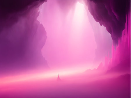 Fantasy landscape with purple foggy cave. 3D illustration.の素材