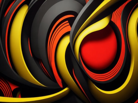 3d illustration of abstract geometric composition, wavy surface with red and yellow elementsの素材