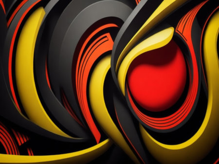 3d rendering of abstract wavy shapes in black and orange colorsの素材