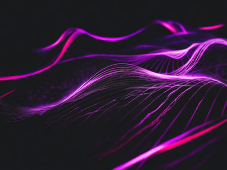 Abstract background with lines and waves. Purple and pink light effects.の素材