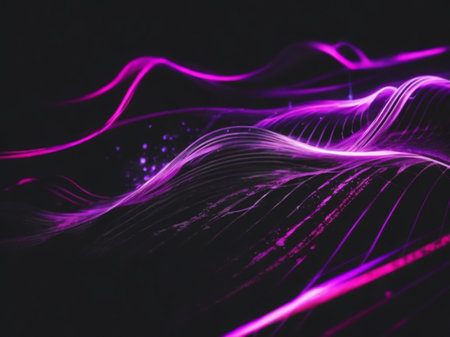 Abstract background with glowing lines, 3d illustration, horizontal, over blackの素材