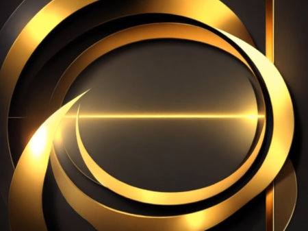 3d illustration of abstract geometric composition over black background with golden ringsの素材