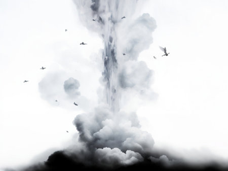 Airplane in the sky with smoke and fire on a white backgroundの素材