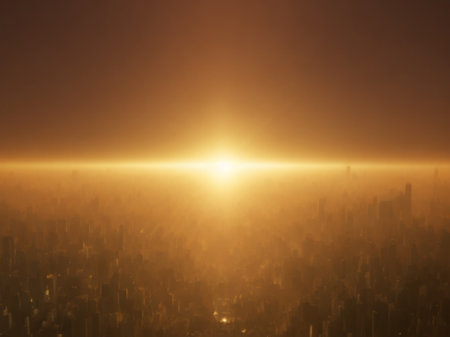 Sunset over the city in the misty morning, 3d renderの素材