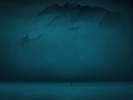 Fantasy landscape with foggy mountains and a man standing in the waterの素材