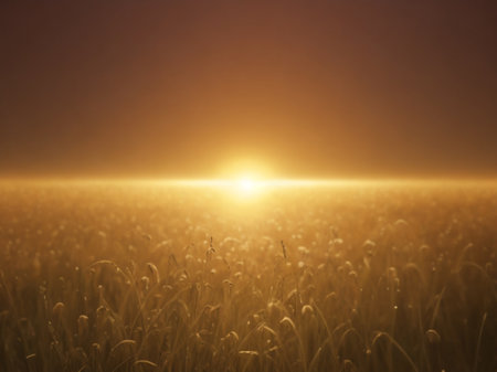 Sunrise over a field of wheat, with the sun shining through the cloudsの素材