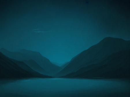 Fantasy landscape with lake and mountains at night. Artistic illustration.の素材