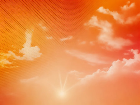 Sunset sky background with tiny clouds and rays of light. Vector illustration.の素材