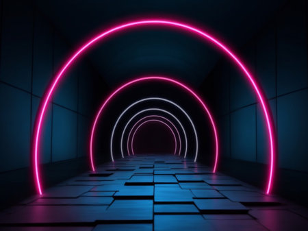 3d rendering. Futuristic corridor with neon lights. Sci-fi background.の素材