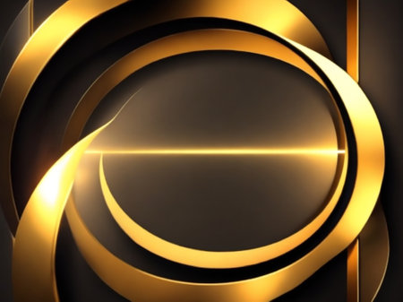 3d illustration of abstract geometric composition with golden rings over black backgroundの素材