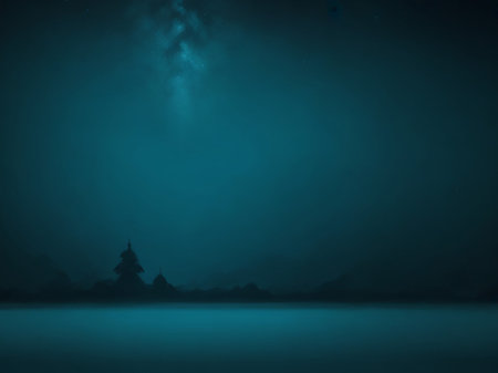 Pagoda at night in the sea, 3d illustration.の素材
