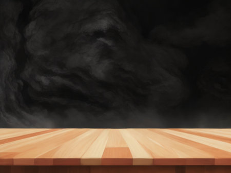 Wood table top on black smoke background for product display montage.の素材