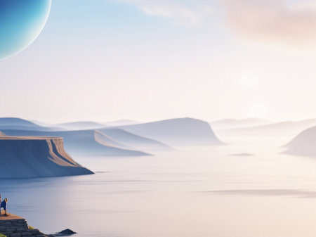 Foggy sunrise over the sea. Concept of travel and tourismの素材