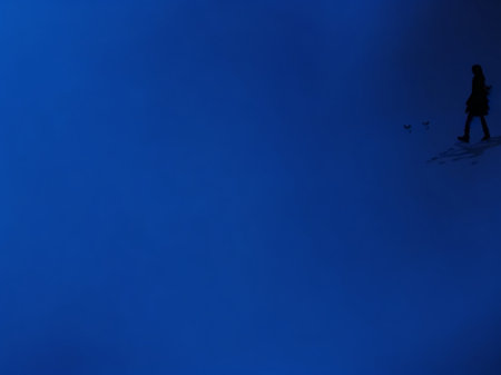 Silhouette of a man standing on a cliff in the fogの素材