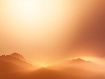 Sunset over the mountains with clouds in orange tones, abstract backgroundの素材