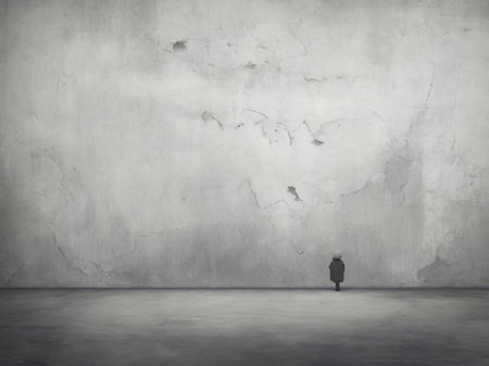 Conceptual image of businesswoman standing in front of concrete wallの素材