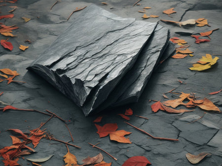 Black stone on the ground with autumn leaves,vintage style.の素材