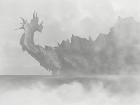 Dragon in the fog. 3D rendering. Computer digital drawing.の素材
