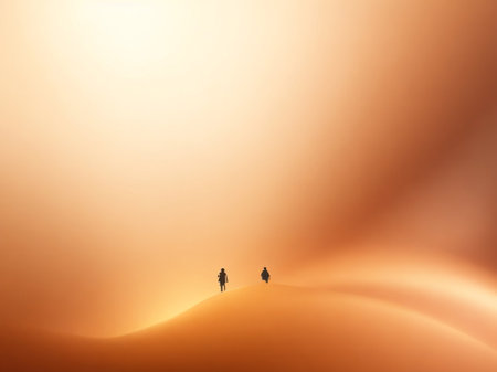 Silhouette of two people walking on sand dune in desertの素材