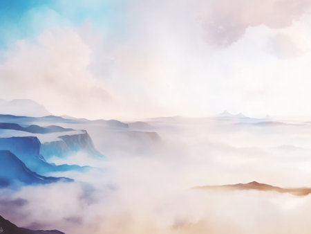 Foggy mountain landscape. Artistic digital painting. Digital illustrationの素材