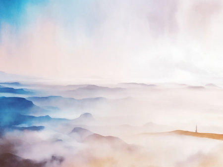 Landscape of foggy mountains and blue sky with clouds at sunriseの素材