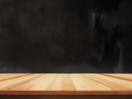 Wooden table top on black wall background - can be used for display or montage your productsの素材