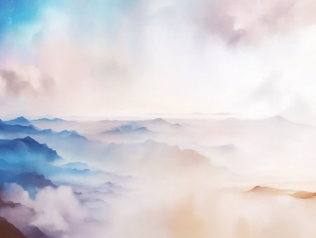 Foggy Mountain Landscape Background. Digital Art Illustration.の素材