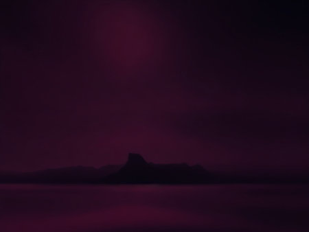 Fantasy landscape with a mountain in the distance. Dark purple backgroundの素材