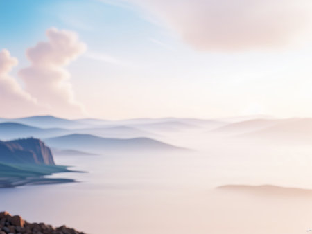 Mountain landscape with fog in the morning. Blurred background.の素材